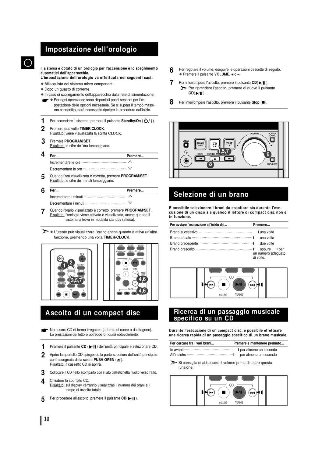 Samsung MMJ5RH/ELS, MMJ5QH/XFO manual Impostazione dellorologio, Selezione di un brano, Ascolto di un compact disc 