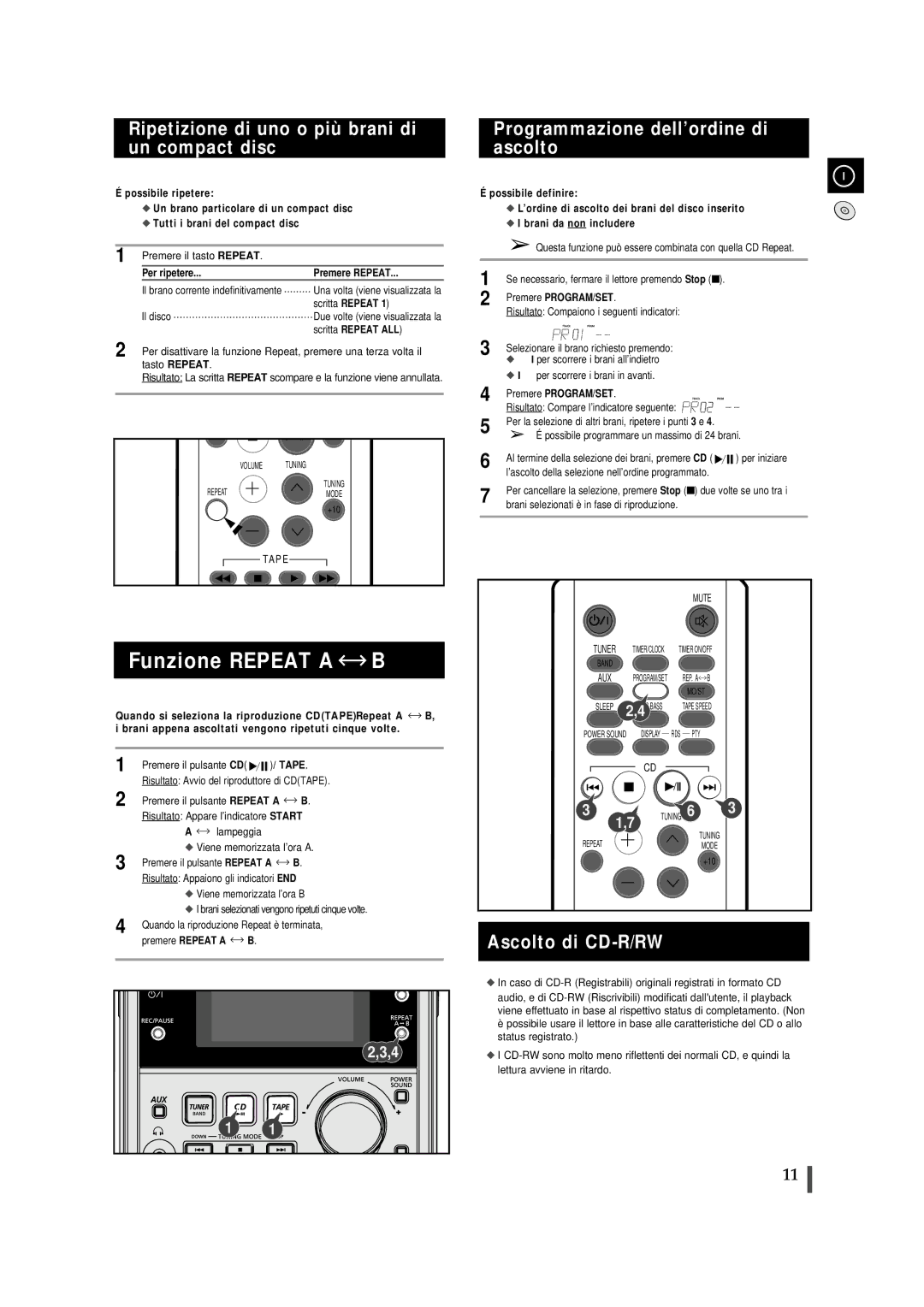 Samsung MMJ5QH/XFO, MMJ5RH/ELS Funzione Repeat a B, Ripetizione di uno o più brani di un compact disc, Ascolto di CD-R/RW 