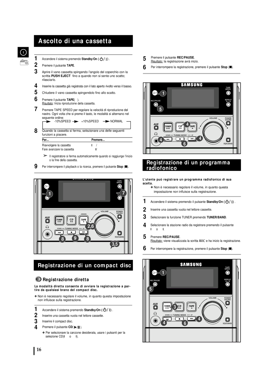 Samsung MMJ5RH/ELS Ascolto di una cassetta, Registrazione di un compact disc, Registrazione di un programma radiofonico 