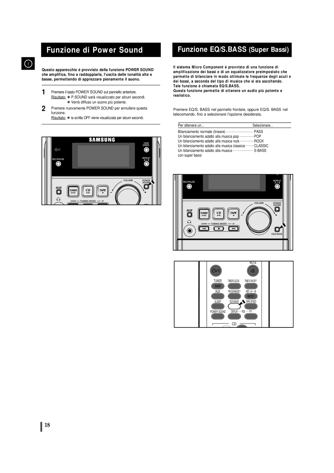 Samsung MMJ5RH/ELS, MMJ5QH/XFO manual Funzione di Power Sound, Funzione EQ/S.BASS Super Bassi, Per ottenere un Selezionare 