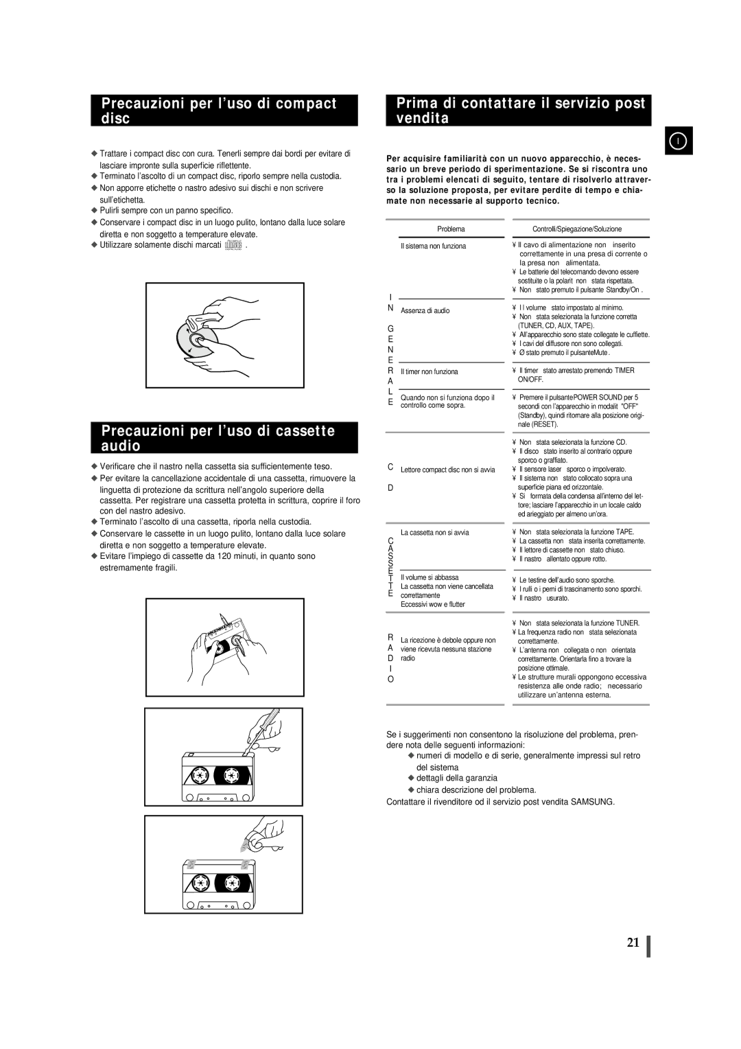 Samsung MMJ5QH/XFO, MMJ5RH/ELS manual Precauzioni per l’uso di compact disc, Prima di contattare il servizio post vendita 