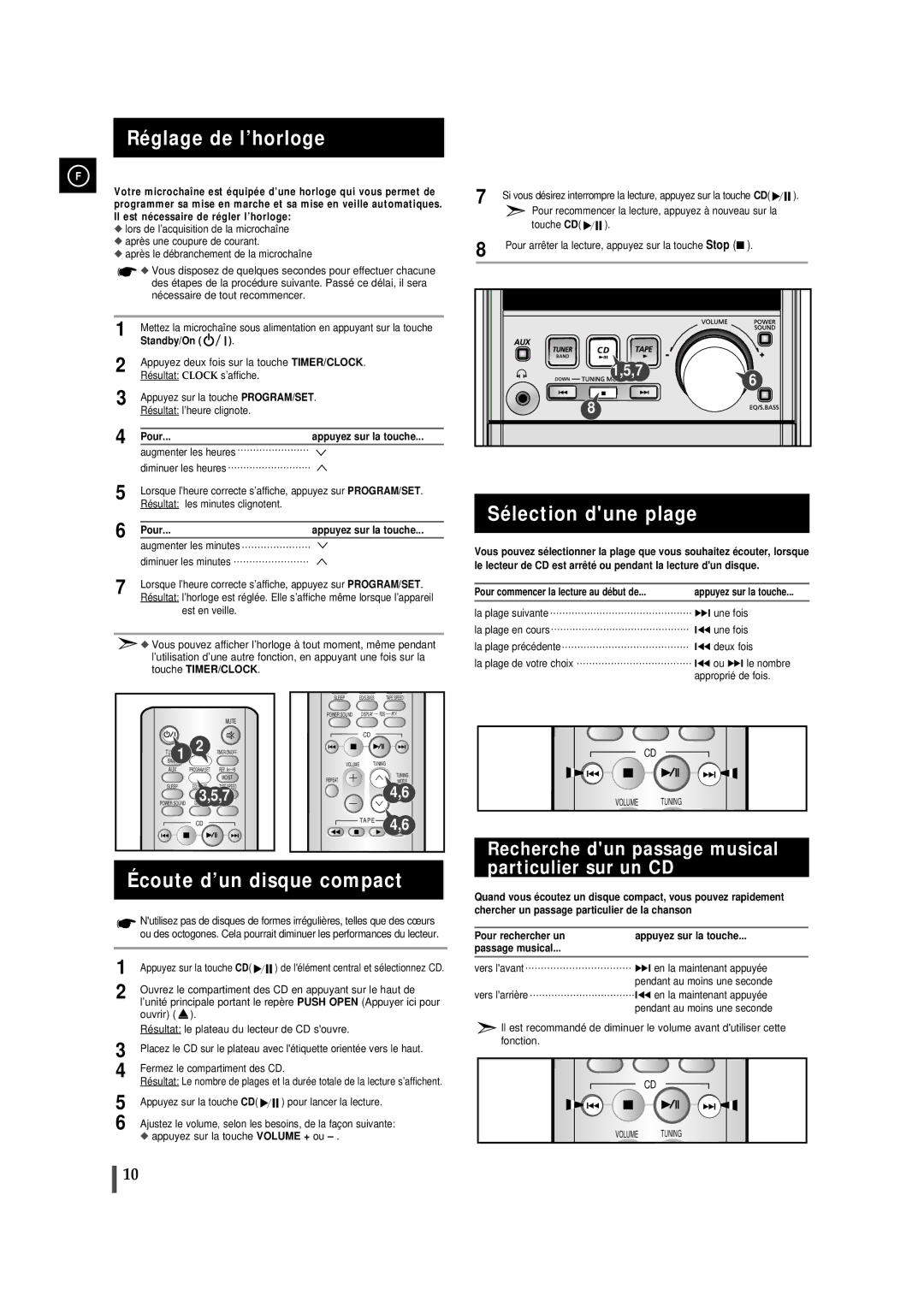 Samsung MMJ5RH/ELS, MMJ5SRH/ELS manual Réglage de l’horloge, Sélection dune plage, Écoute d’un disque compact 