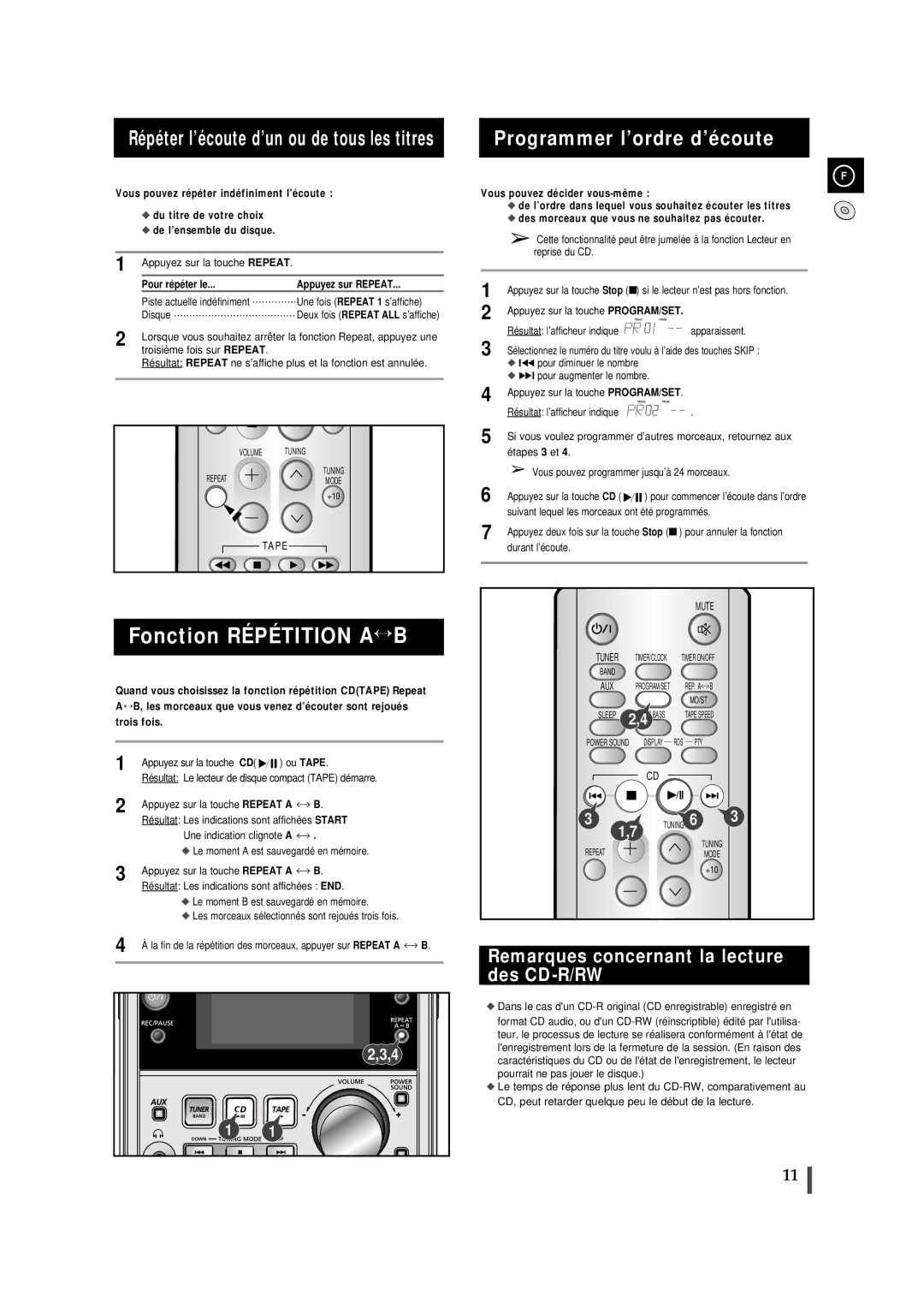 Samsung MMJ5SRH/ELS, MMJ5RH/ELS manual Programmer l’ordre d’écoute, Remarques concernant la lecture des CD-R/RW 