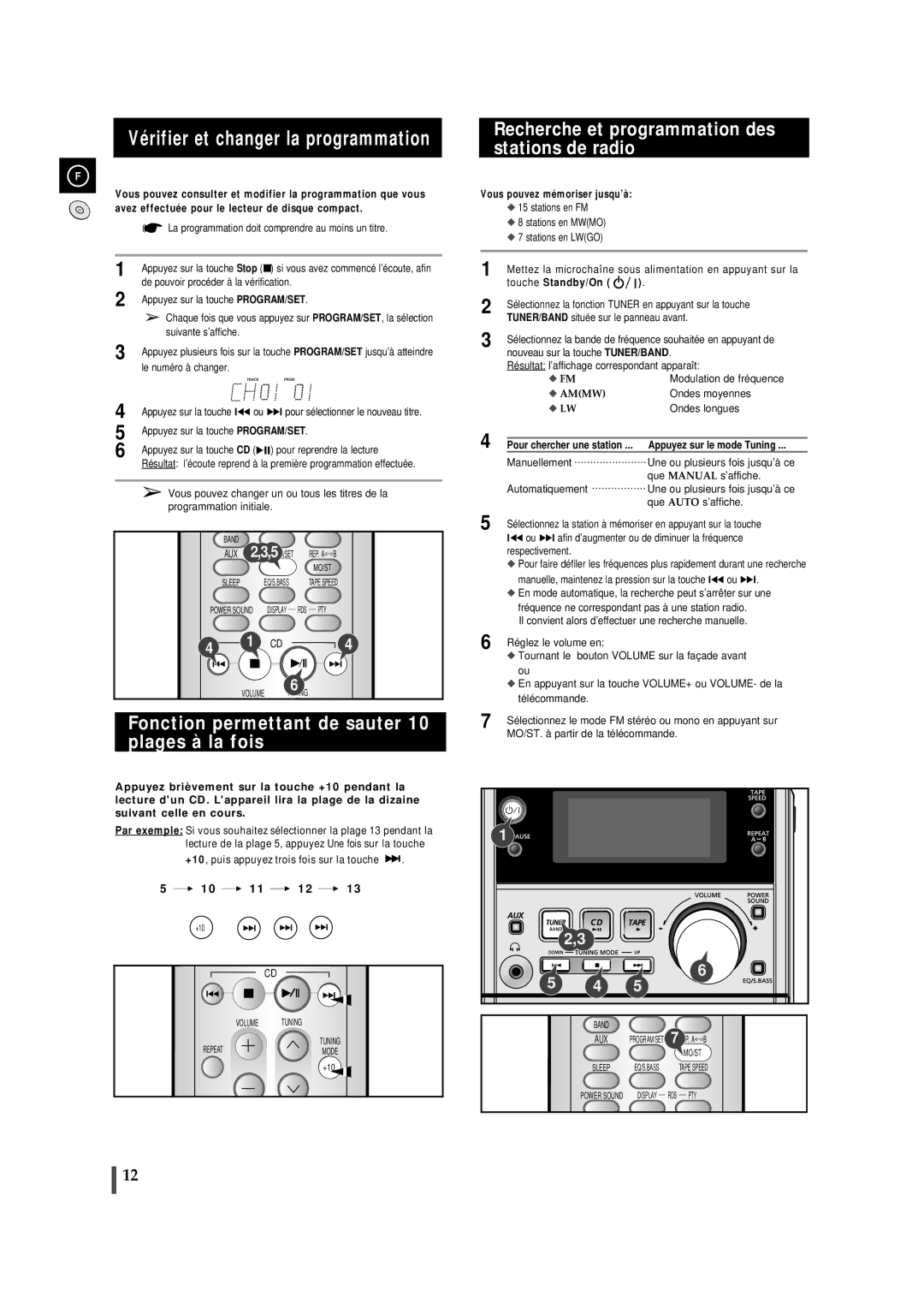 Samsung MMJ5RH/ELS, MMJ5SRH/ELS Vérifier et changer la programmation, Fonction permettant de sauter 10 plages à la fois 