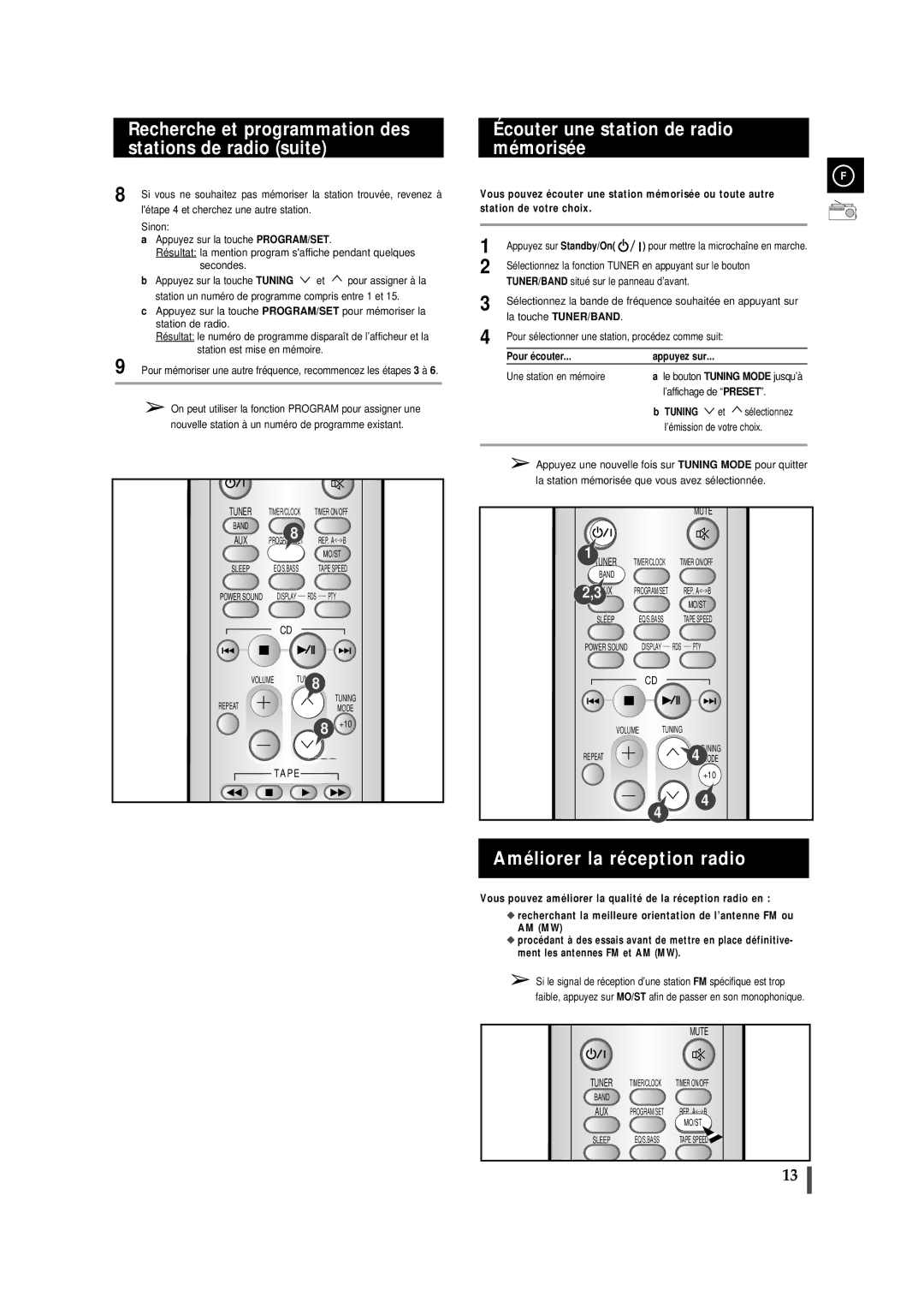 Samsung MMJ5SRH/ELS manual Recherche et programmation des stations de radio suite, Écouter une station de radio mémorisée 