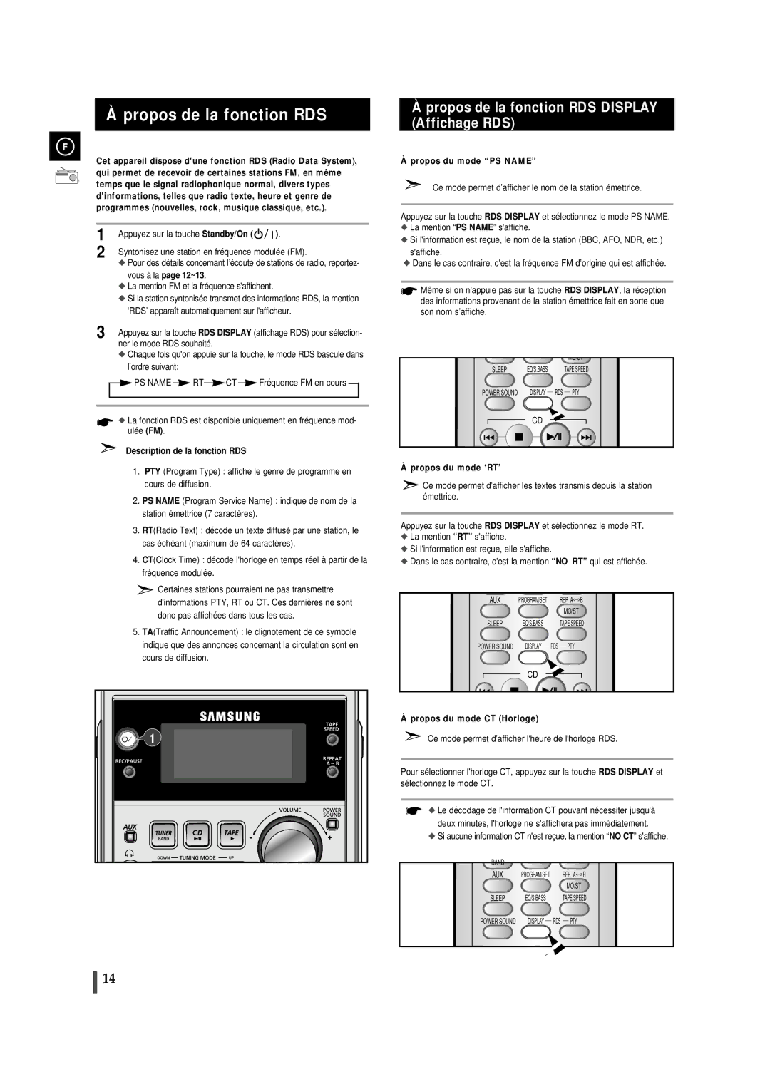 Samsung MMJ5RH/ELS Propos de la fonction RDS, Description de la fonction RDS, Propos du mode PS Name, Propos du mode ‘RT’ 