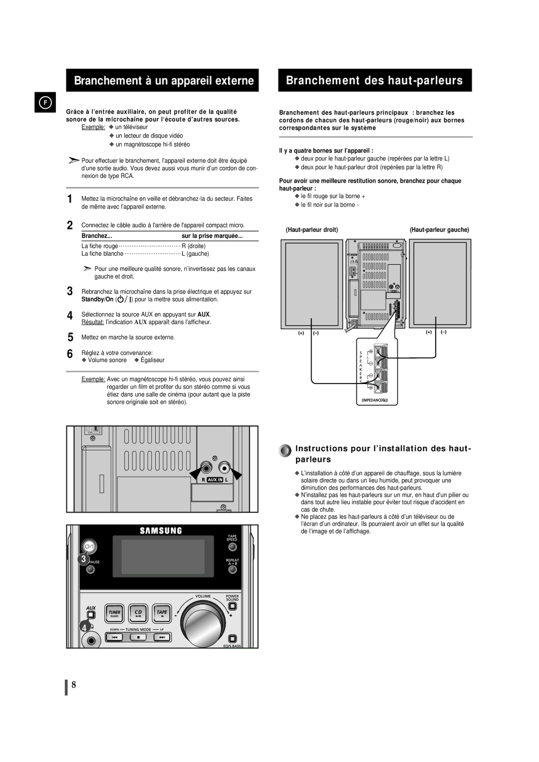 Samsung MMJ5RH/ELS manual Branchement à un appareil externe, Branchement des haut-parleurs, Branchez Sur la prise marquée 