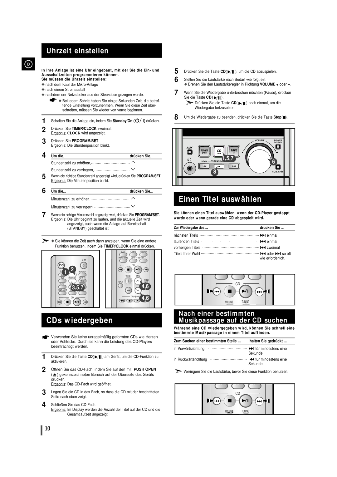 Samsung MMJ5RH/ELS, MMJ5SRH/ELS manual Einen Titel auswählen, CDs wiedergeben, Uhrzeit einstellen 