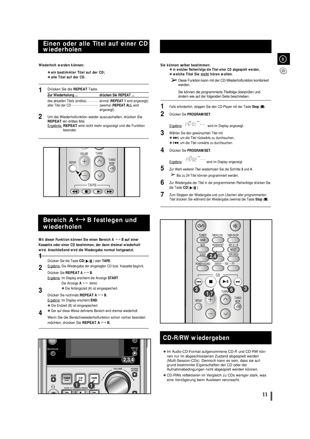 Samsung MMJ5SRH/ELS, MMJ5RH/ELS manual Einen oder alle Titel auf einer CD wiederholen, Bereich a B festlegen und wiederholen 