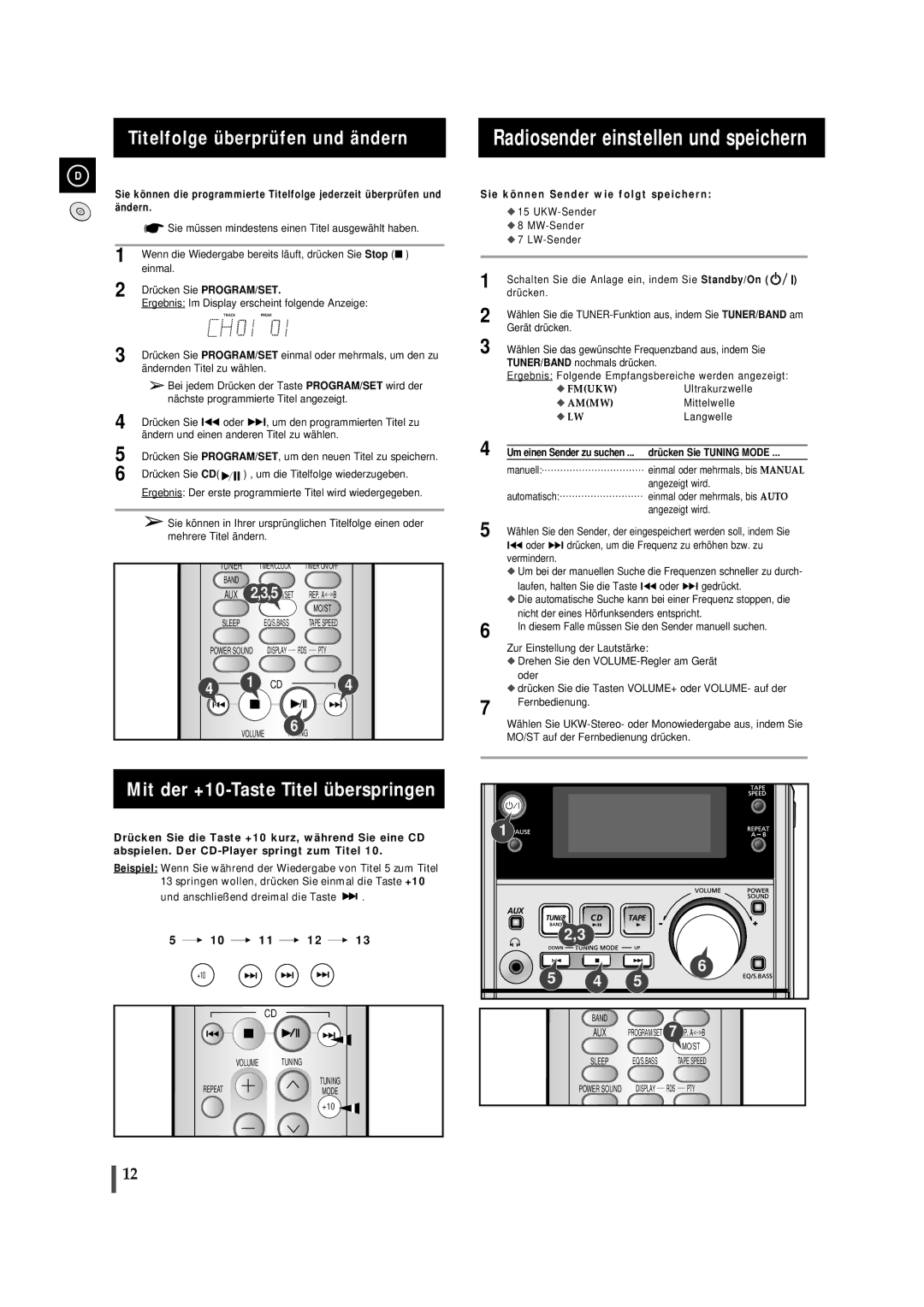 Samsung MMJ5RH/ELS manual Radiosender einstellen und speichern, Titelfolge überprüfen und ändern, Drücken Sie Tuning Mode 