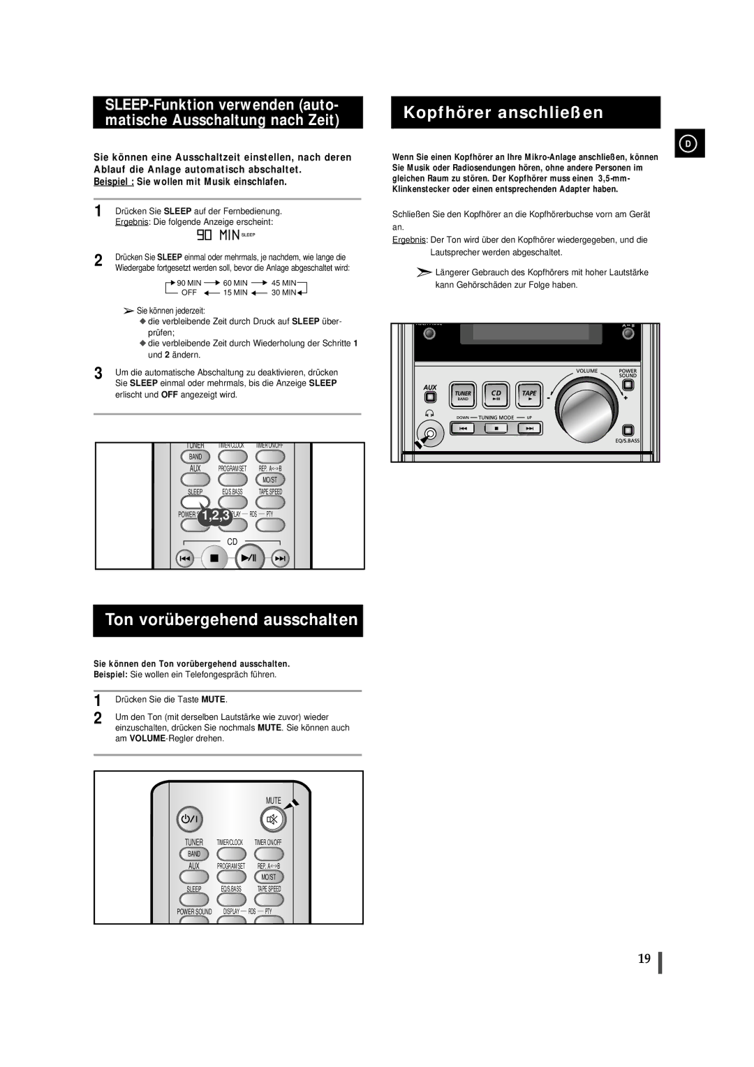 Samsung MMJ5SRH/ELS manual Kopfhörer anschließen, Ton vorübergehend ausschalten, Drücken Sie Sleep auf der Fernbedienung 