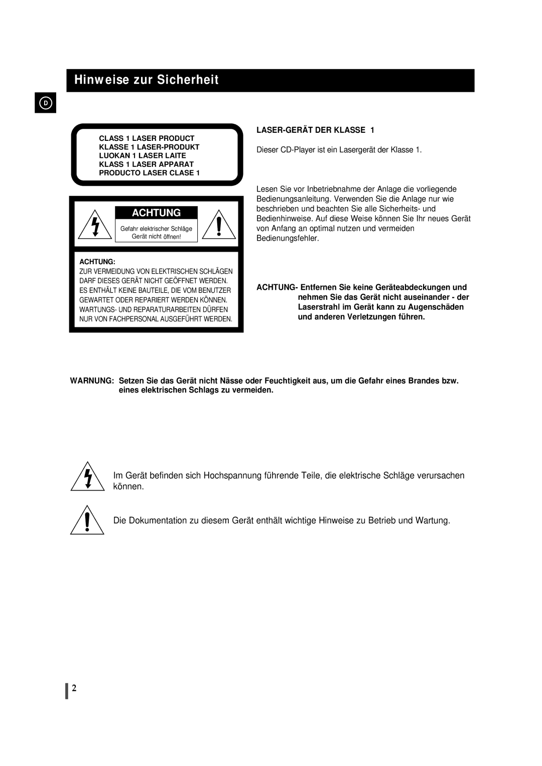 Samsung MMJ5RH/ELS, MMJ5SRH/ELS manual Hinweise zur Sicherheit, Gefahr elektrischer Schläge Gerät nicht öffnen 