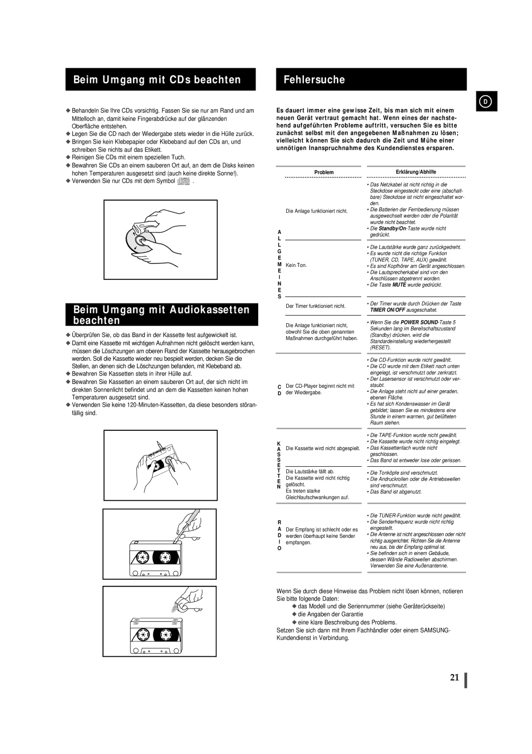 Samsung MMJ5SRH/ELS, MMJ5RH/ELS manual Beim Umgang mit CDs beachten, Fehlersuche, Beim Umgang mit Audiokassetten beachten 