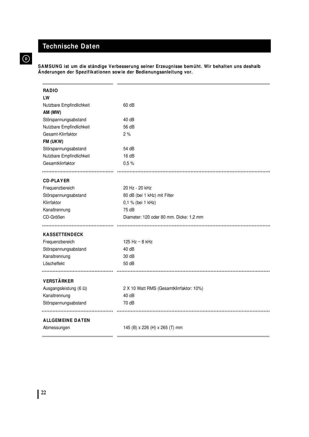 Samsung MMJ5RH/ELS, MMJ5SRH/ELS manual Technische Daten, Cd-Player 