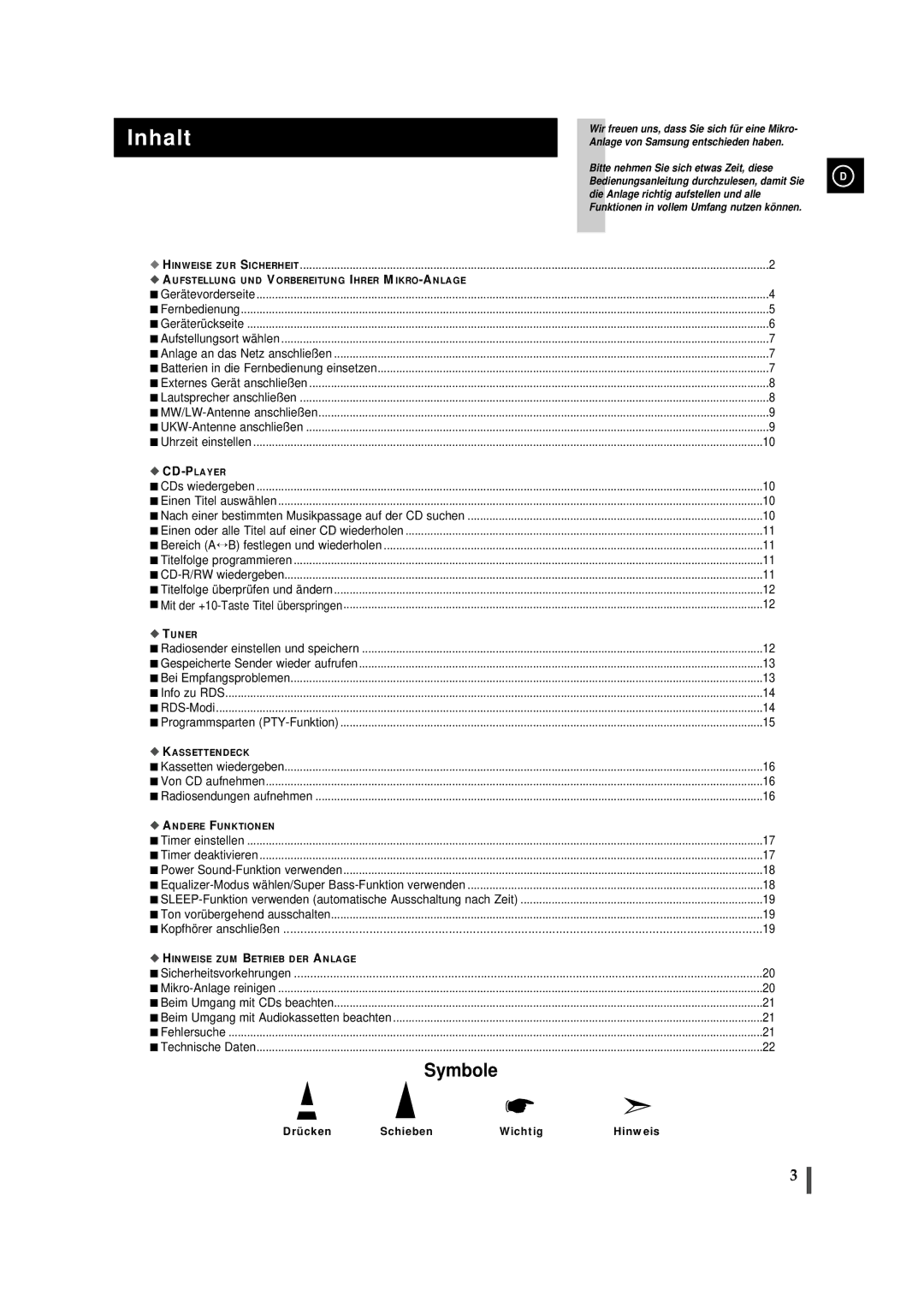 Samsung MMJ5SRH/ELS, MMJ5RH/ELS manual Inhalt, Kopfhörer anschließen, Drücken Schieben Wichtig Hinweis 