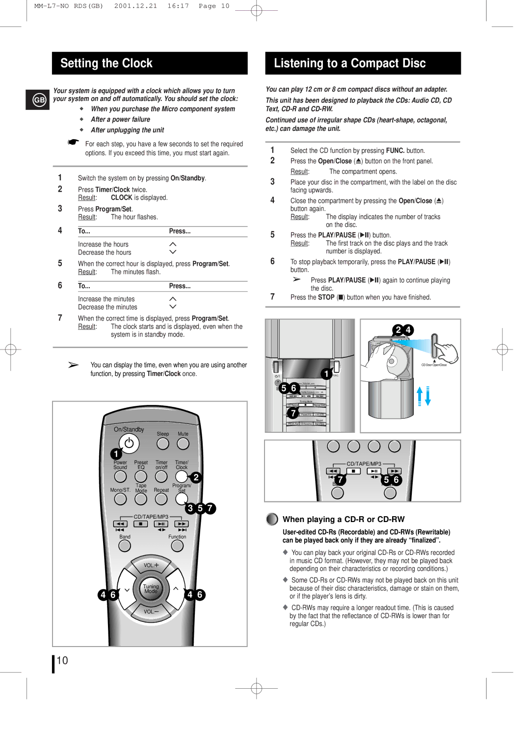 Samsung MML7FH/UMG manual Setting the Clock Listening to a Compact Disc, After a power failure After unplugging the unit 