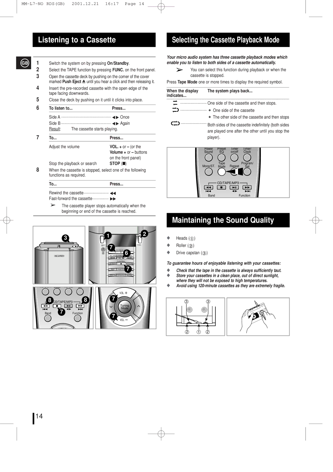 Samsung MML7FH/UMG manual Listening to a Cassette, Maintaining the Sound Quality 