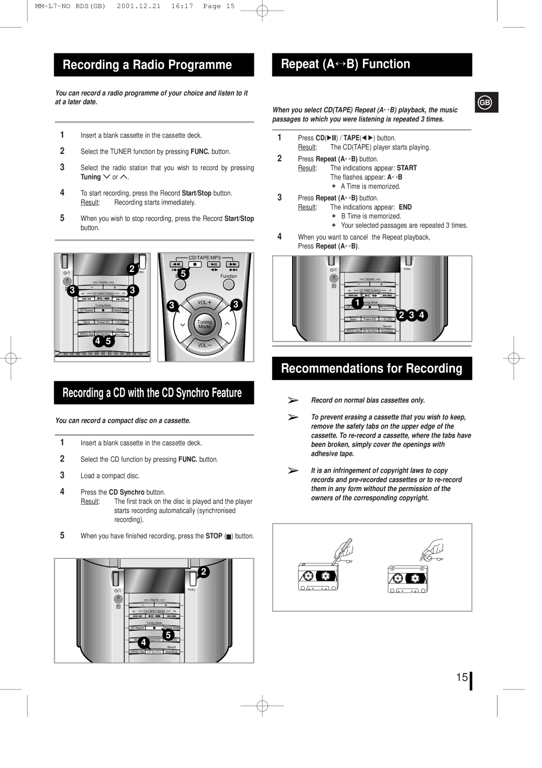 Samsung MML7FH/UMG manual Repeat A↔B Function, Recommendations for Recording, Recording a CD with the CD Synchro Feature 