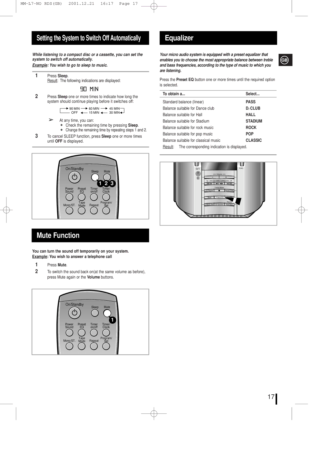 Samsung MML7FH/UMG Equalizer, Mute Function, Setting the System to Switch Off Automatically, Are listening, To obtain a 