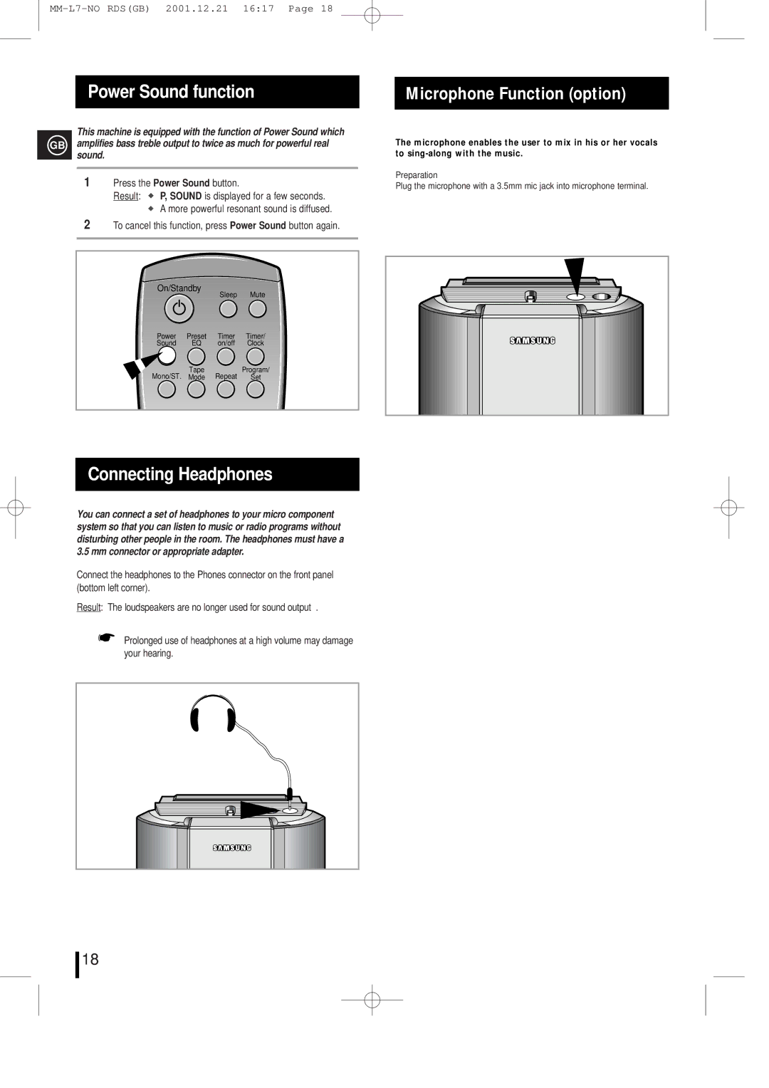 Samsung MML7FH/UMG manual Power Sound function, Connecting Headphones, Microphone Function option 