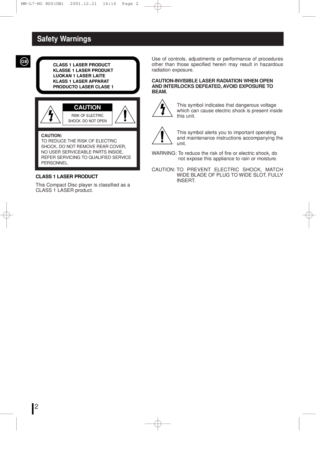 Samsung MML7FH/UMG manual Safety Warnings, Class 1 Laser Product 