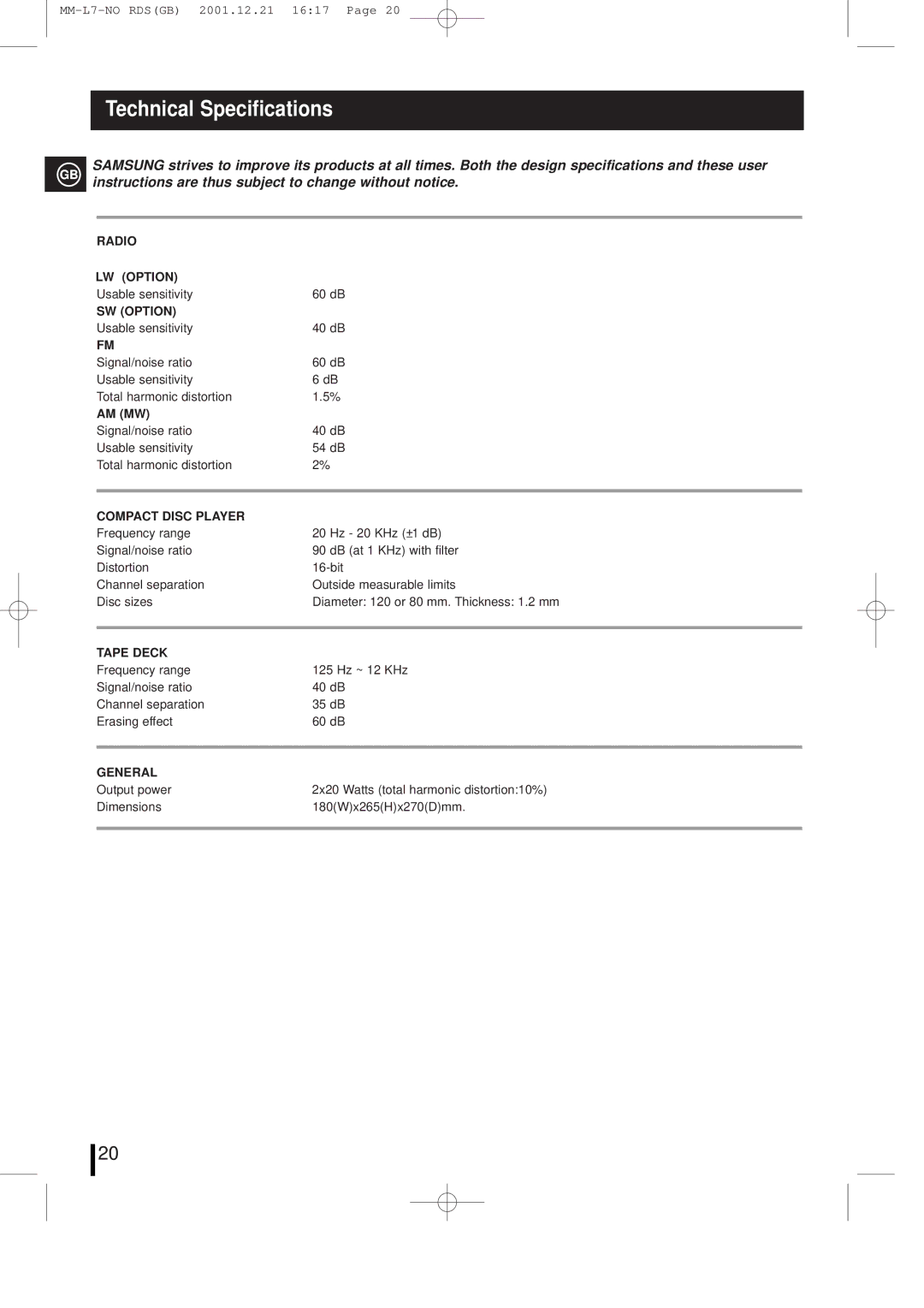 Samsung MML7FH/UMG manual Technical Specifications, Usable sensitivity 60 dB 