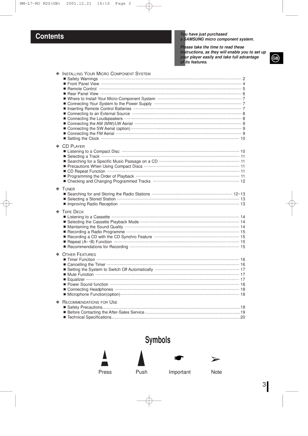 Samsung MML7FH/UMG manual Symbols, Contents 