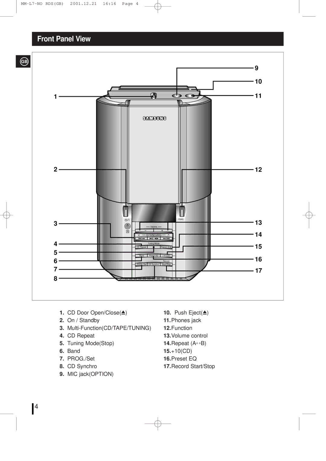 Samsung MML7FH/UMG manual Front Panel View 