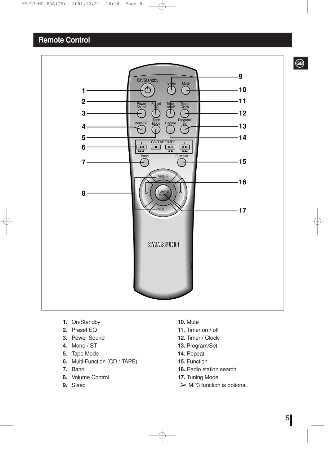 Samsung MML7FH/UMG manual Remote Control, On/Standby 