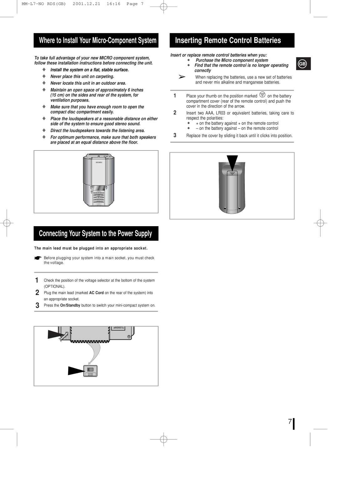 Samsung MML7FH/UMG manual Inserting Remote Control Batteries, Connecting Your System to the Power Supply, Correctly 