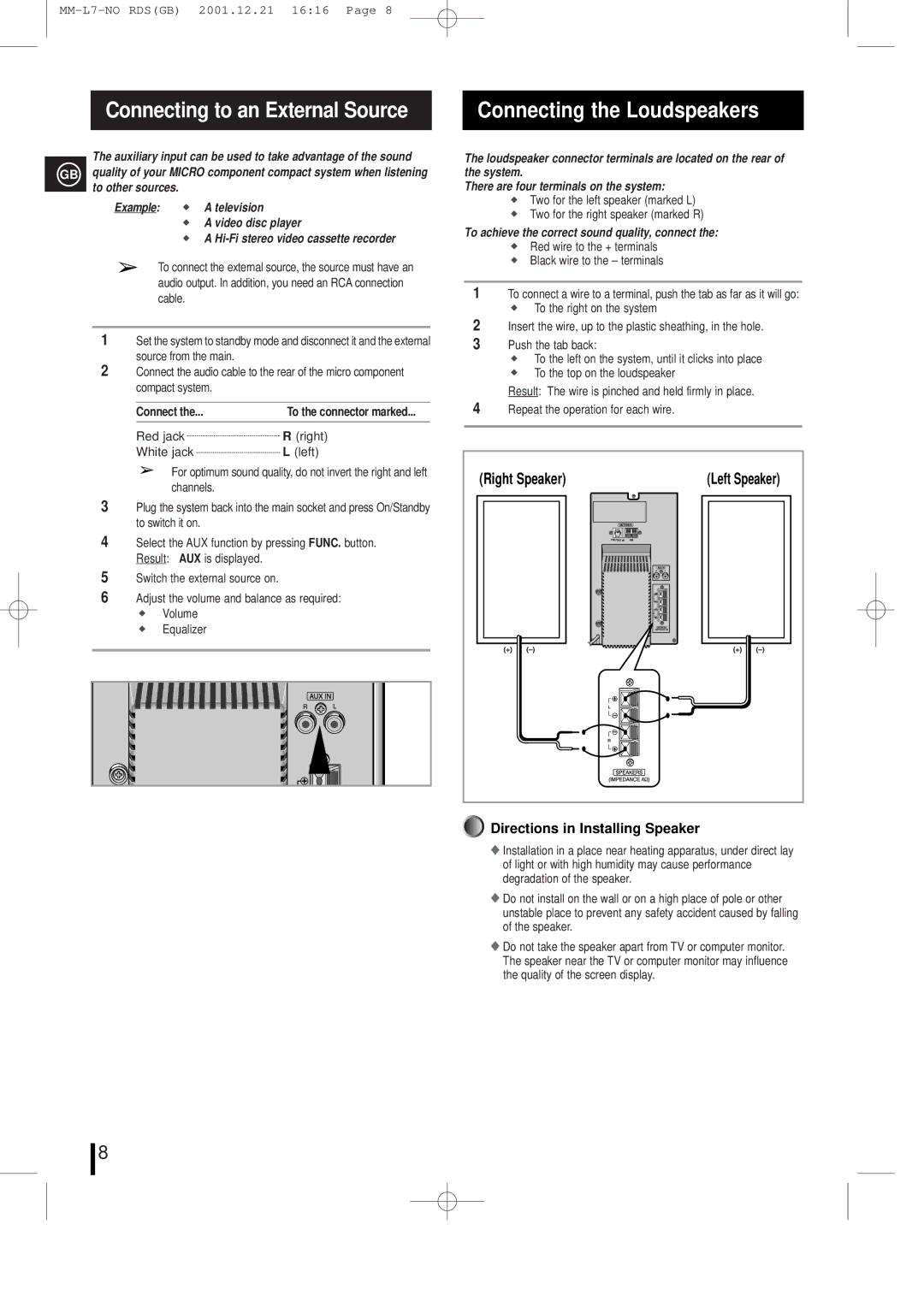 Samsung MML7FH/UMG manual Connecting the Loudspeakers, Connecting to an External Source 