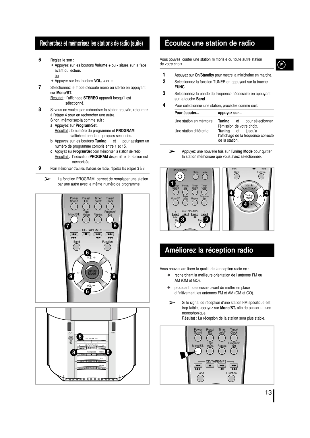 Samsung MML7RH/ELS Coutez une station de radio, Amé liorez la ré ception radio, De votre choix, Pour écouter, Tuning 