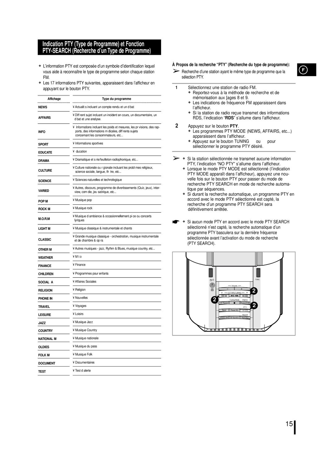 Samsung MML7RH/ELS manual Propos de la recherche PTY Recherche du type de programme 