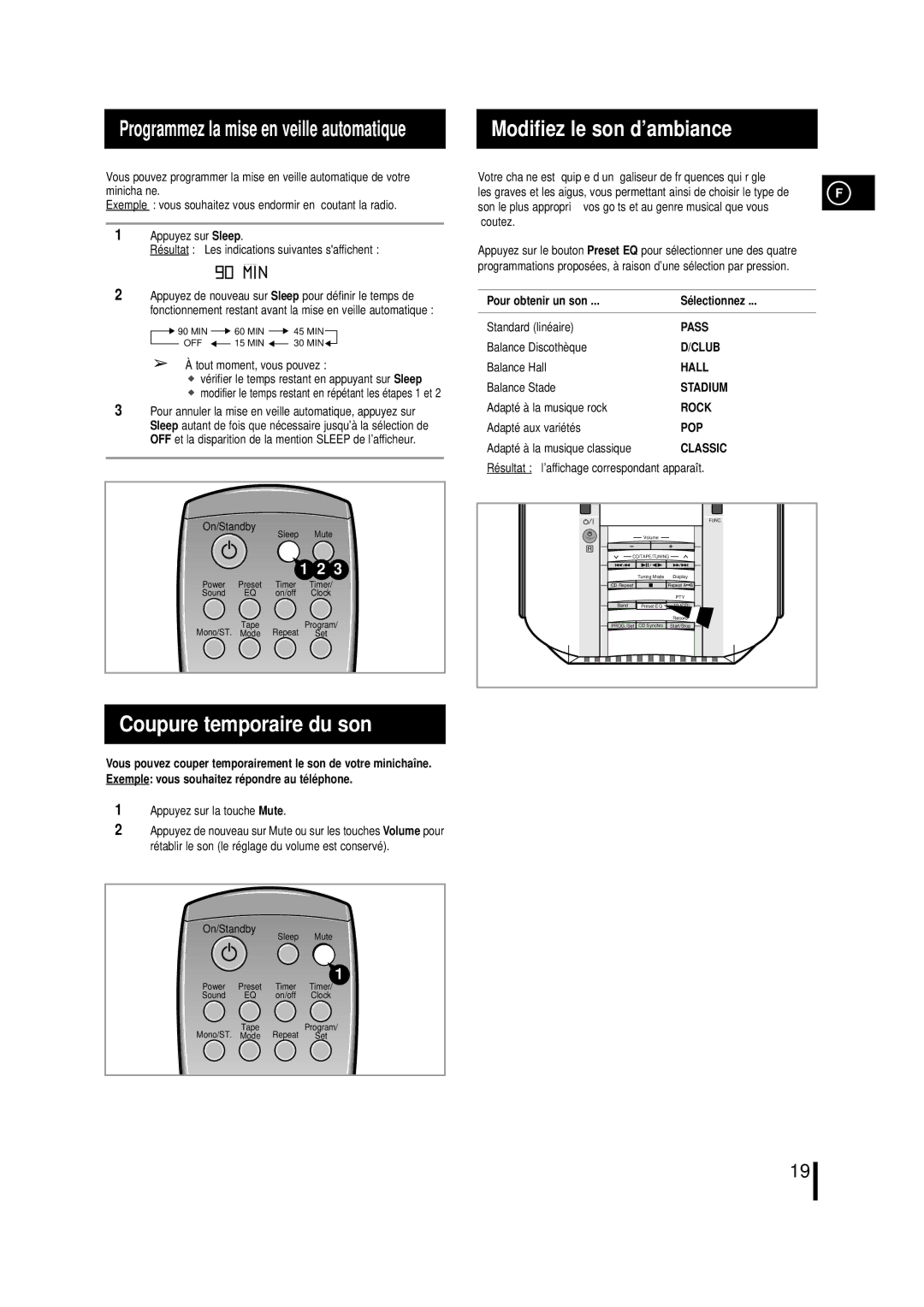 Samsung MML7RH/ELS Modifiez le son d’ambiance, Coupure temporaire du son, Programmez la mise en veille automatique 