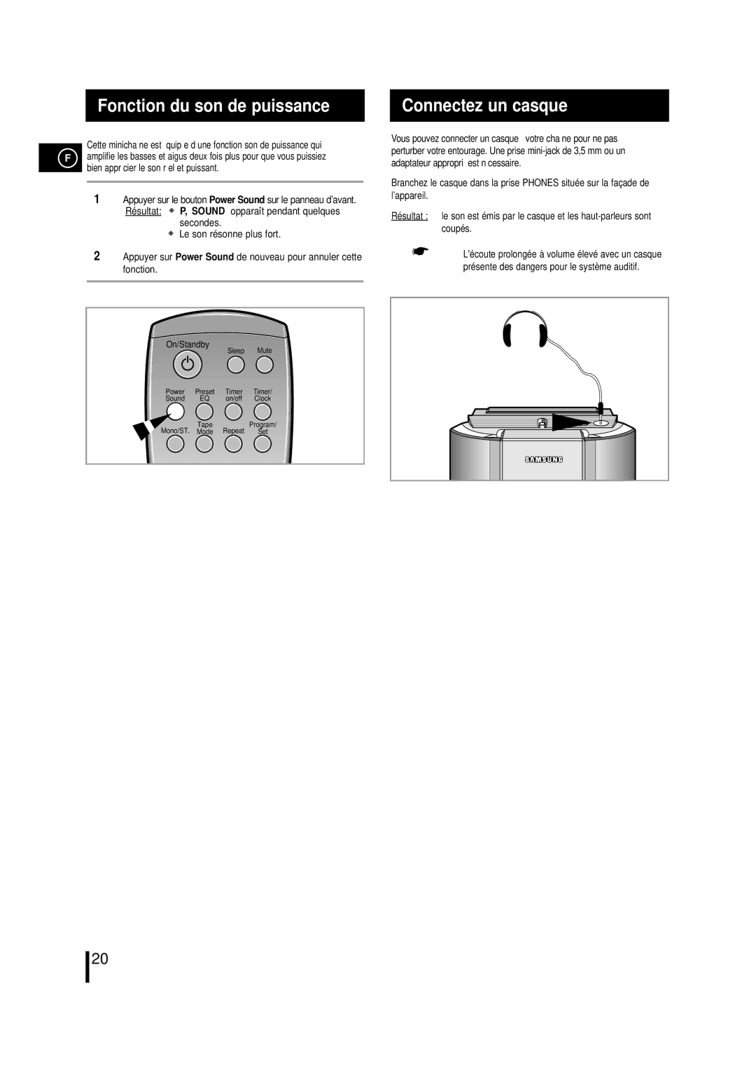 Samsung MML7RH/ELS manual Fonction du son de puissance, Connectez un casque 