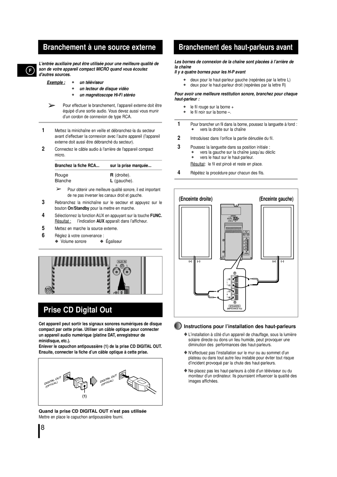 Samsung MML7RH/ELS manual Prise CD Digital Out, Branchement des haut-parleurs avant, Branchez la fiche RCA 