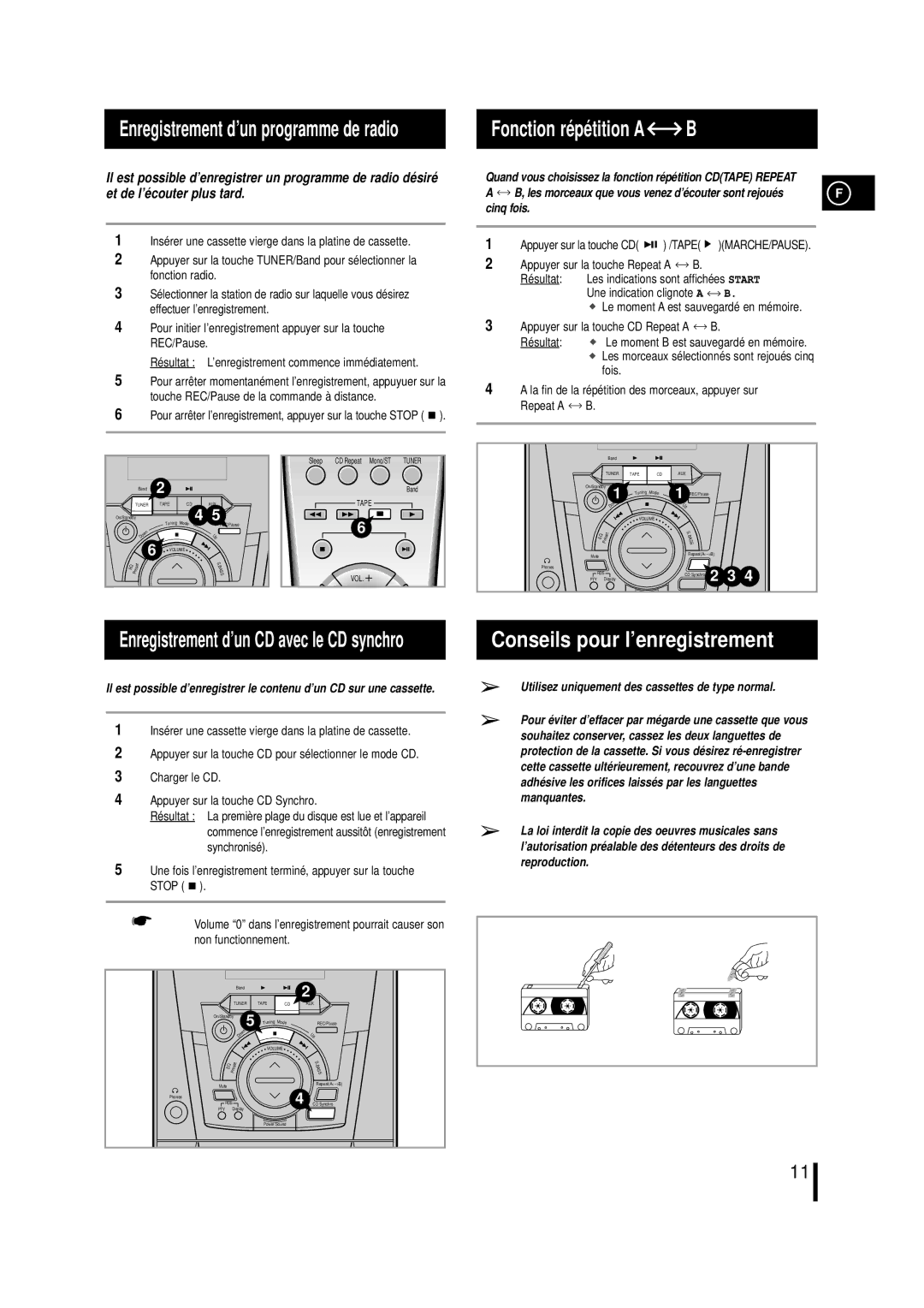 Samsung MMN4RH/ELS manual Fonction répétition a B, Conseils pour l’enregistrement, Cinq fois 