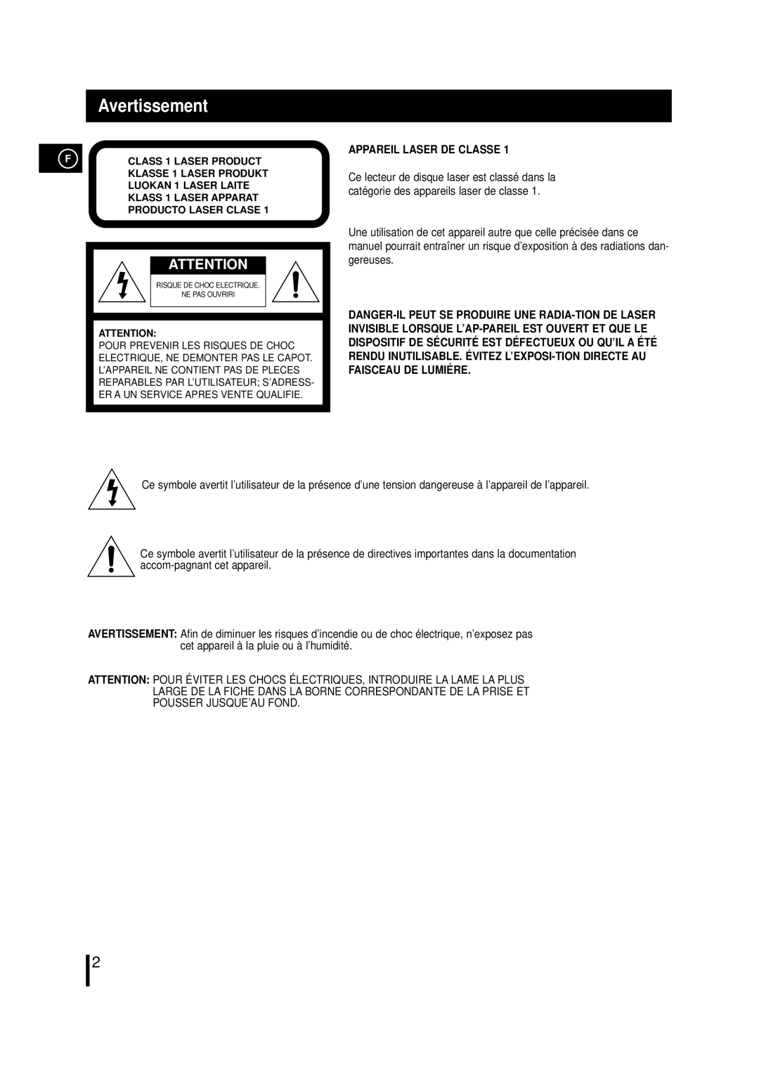 Samsung MMN4RH/ELS manual Avertissement, Appareil Laser DE Classe 