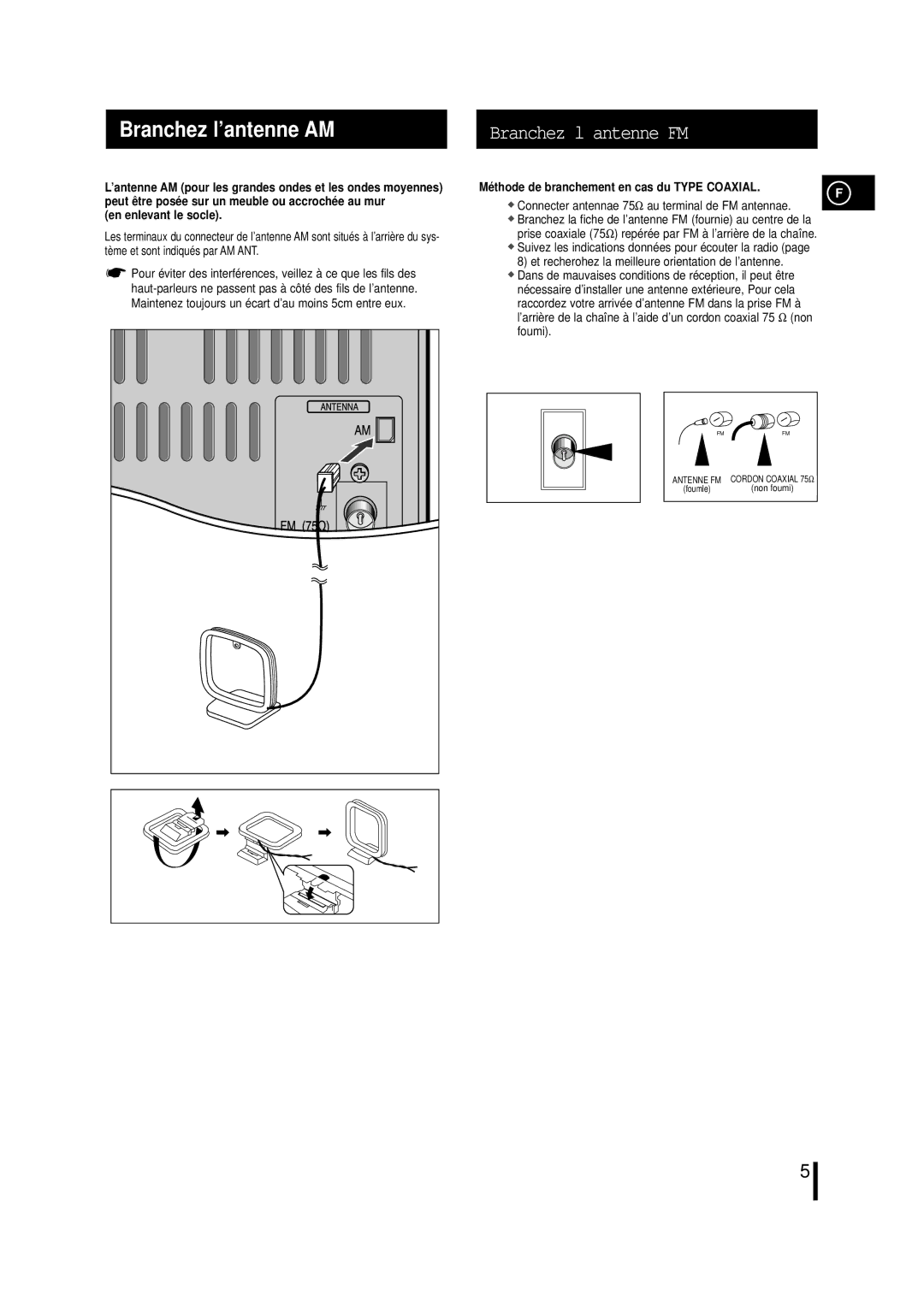 Samsung MMN4RH/ELS manual Branchez l’antenne AM, En enlevant le socle, Mé thode de branchement en cas du Type Coaxial 