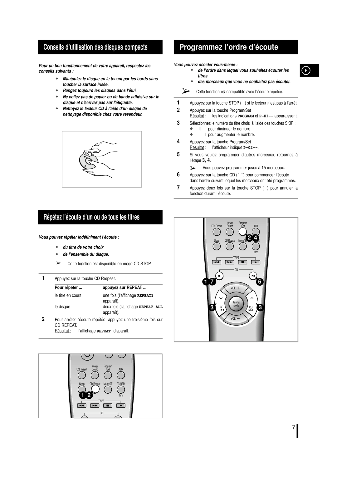 Samsung MMN4RH/ELS Programmez l’ordre d’é coute, Vous pouvez décider vous-même, Titres, Pour répéter Appuyez sur Repeat 