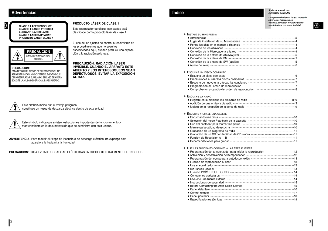 Samsung MMN7RH/ELS, MM-N7 manual Advertencias, Índice 