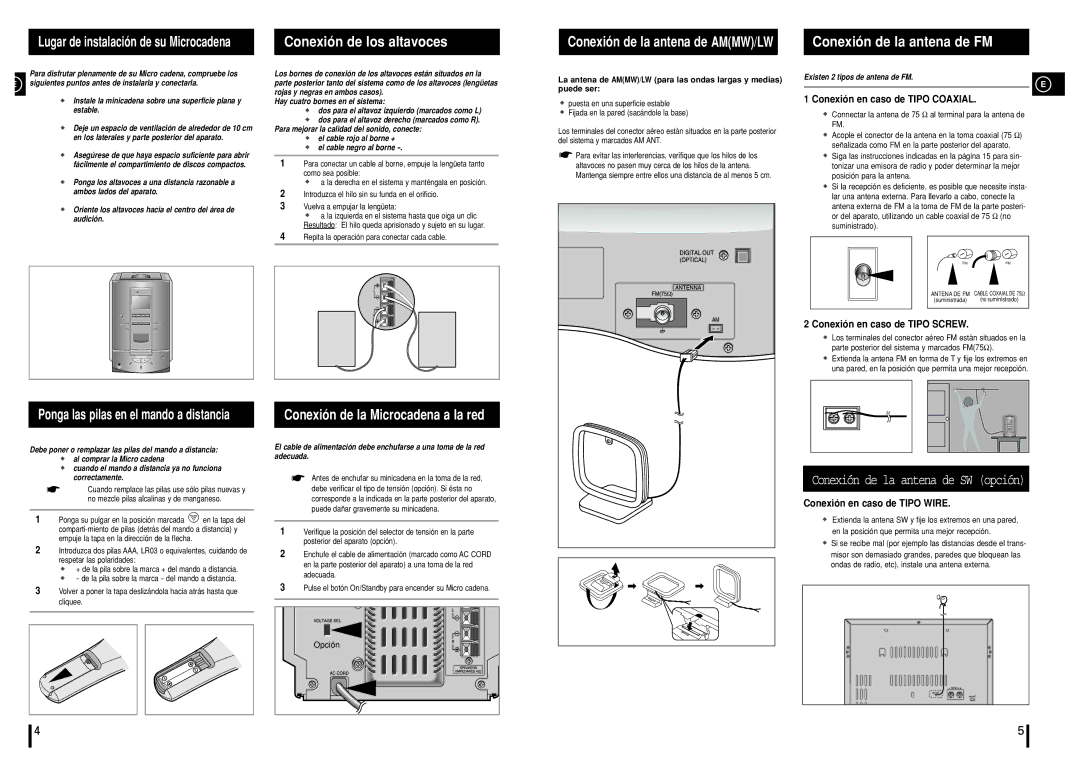 Samsung MM-N7, MMN7RH/ELS manual Conexión de los altavoces, Conexión de la antena de FM, Conexión de la antena de AMMW/LW 