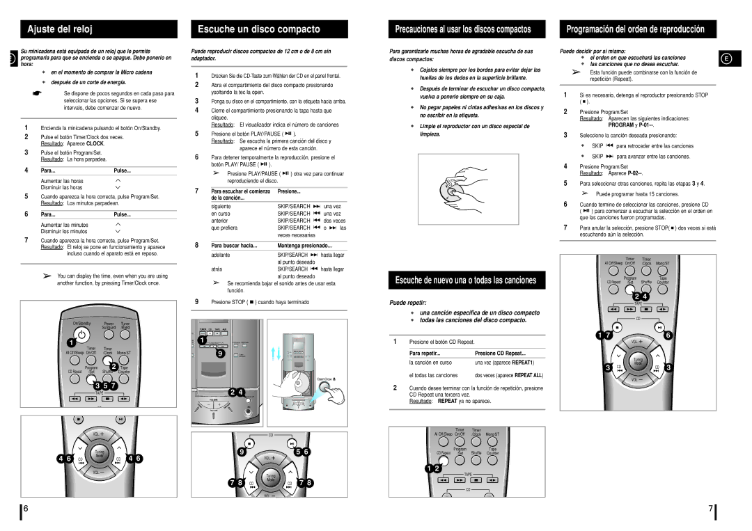 Samsung MMN7RH/ELS, MM-N7 manual Ajuste del reloj Escuche un disco compacto, Escuche de nuevo una o todas las canciones 