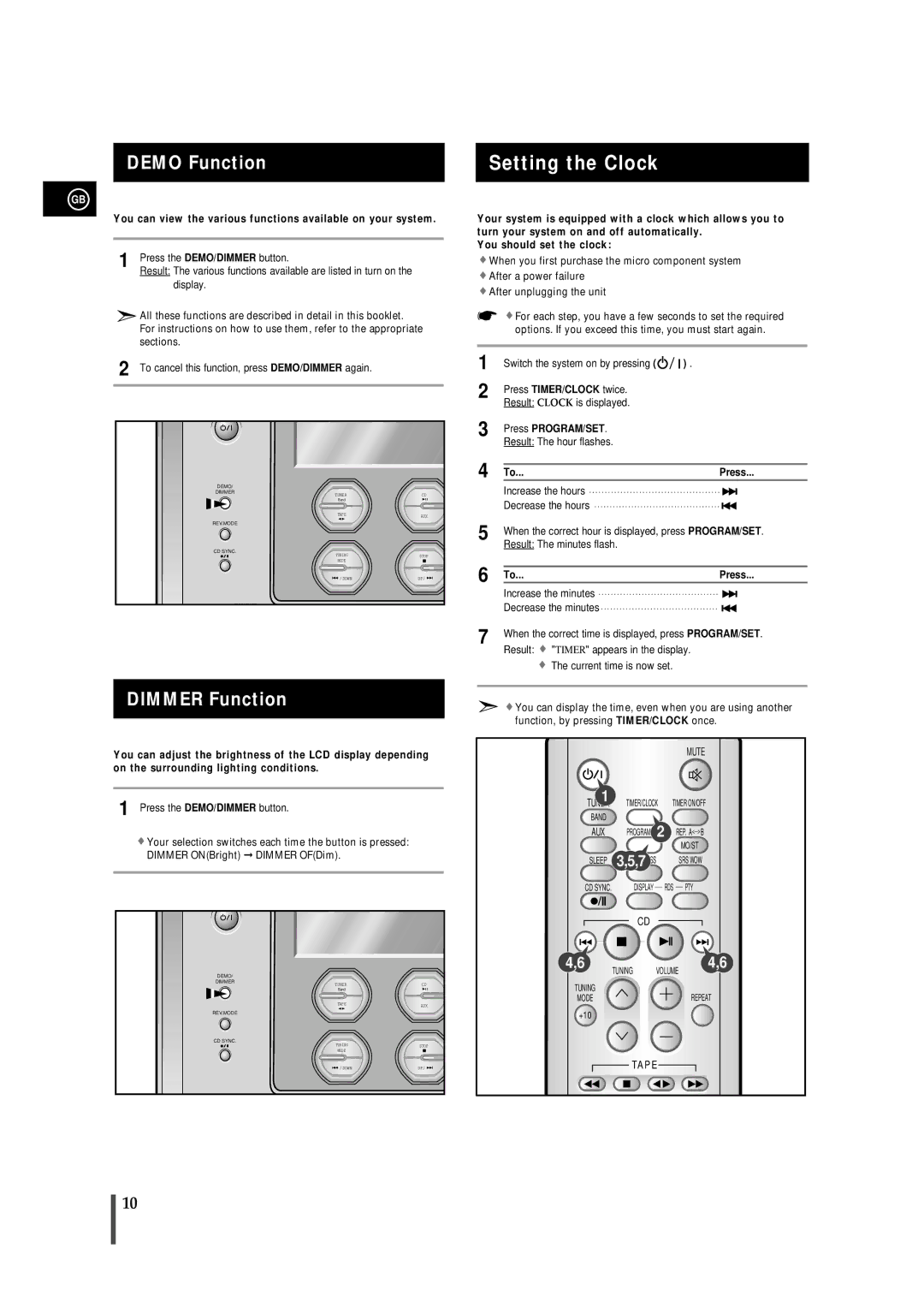 Samsung MMS8RH/ELS manual Setting the Clock, Demo Function, Dimmer Function, Press PROGRAM/SET 