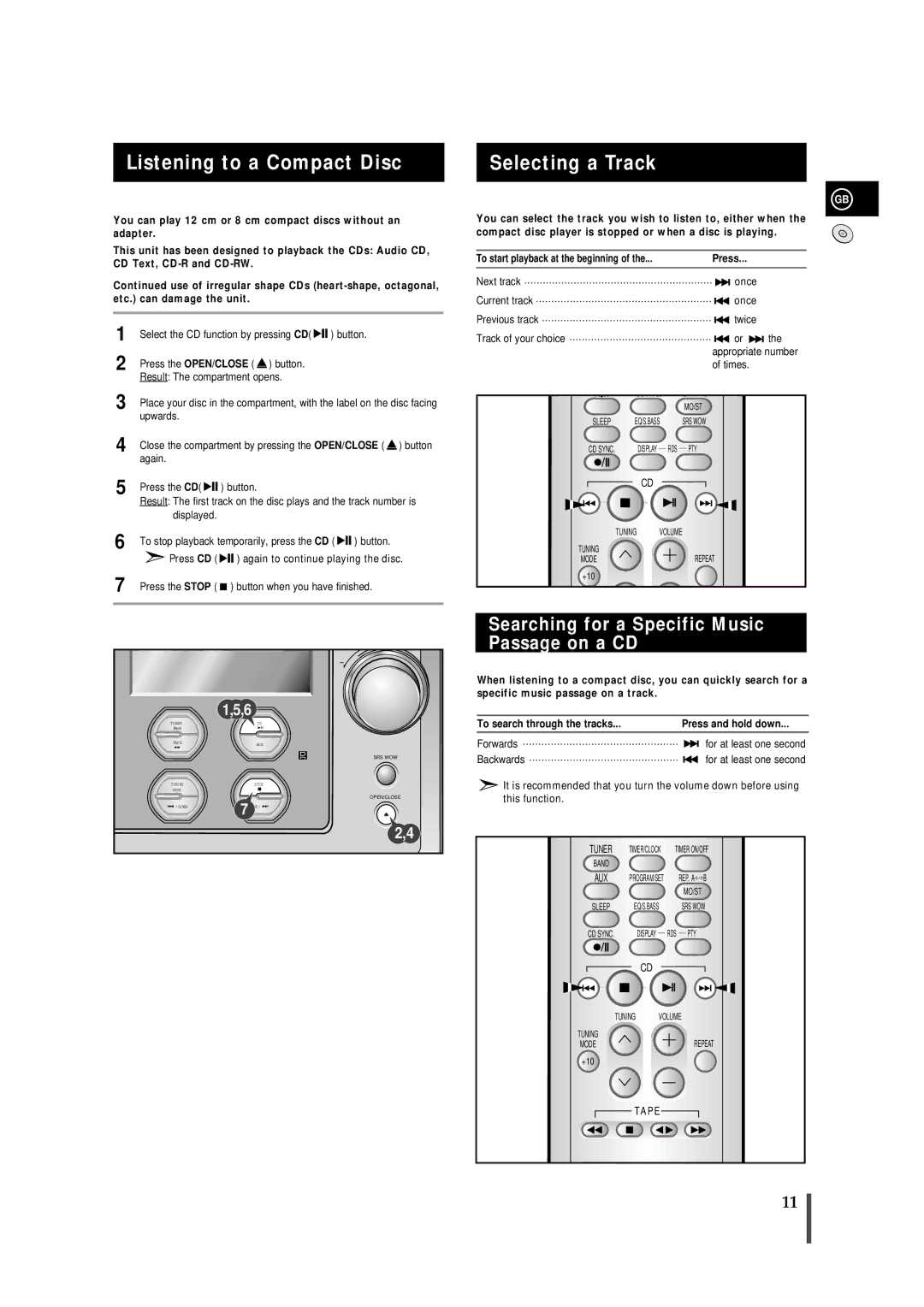 Samsung MMS8RH/ELS manual Listening to a Compact Disc, Selecting a Track, Searching for a Specific Music Passage on a CD 