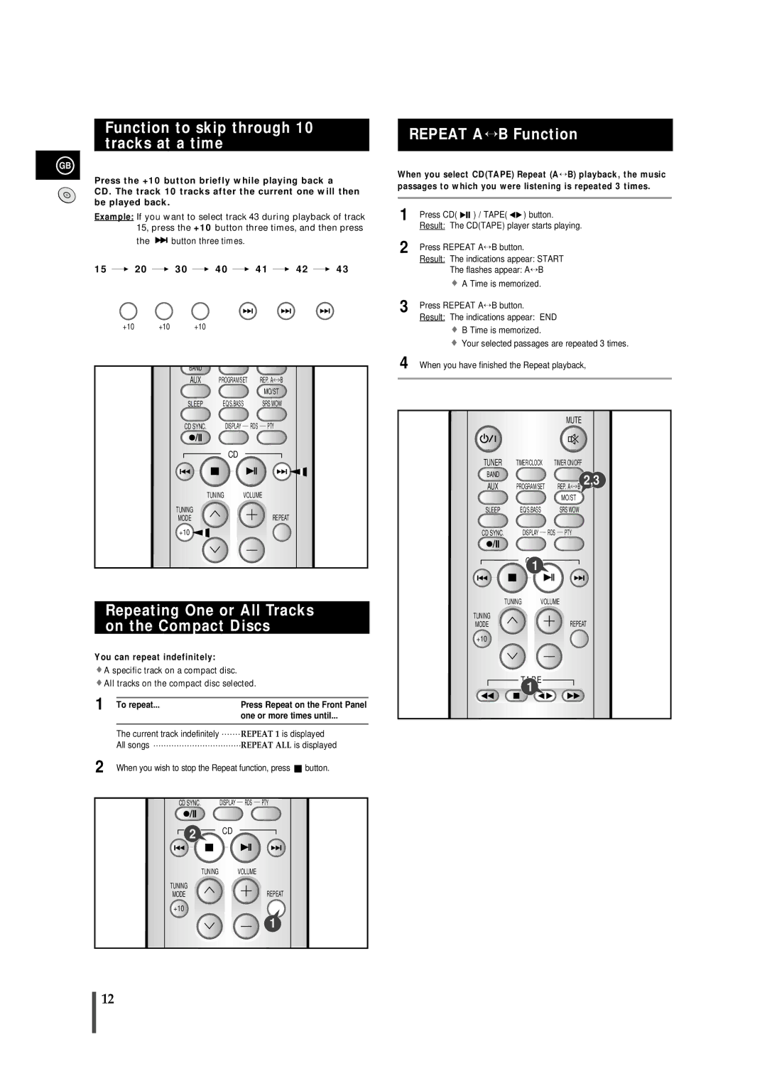 Samsung MMS8RH Function to skip through 10 tracks at a time, Repeating One or All Tracks on the Compact Discs, To repeat 