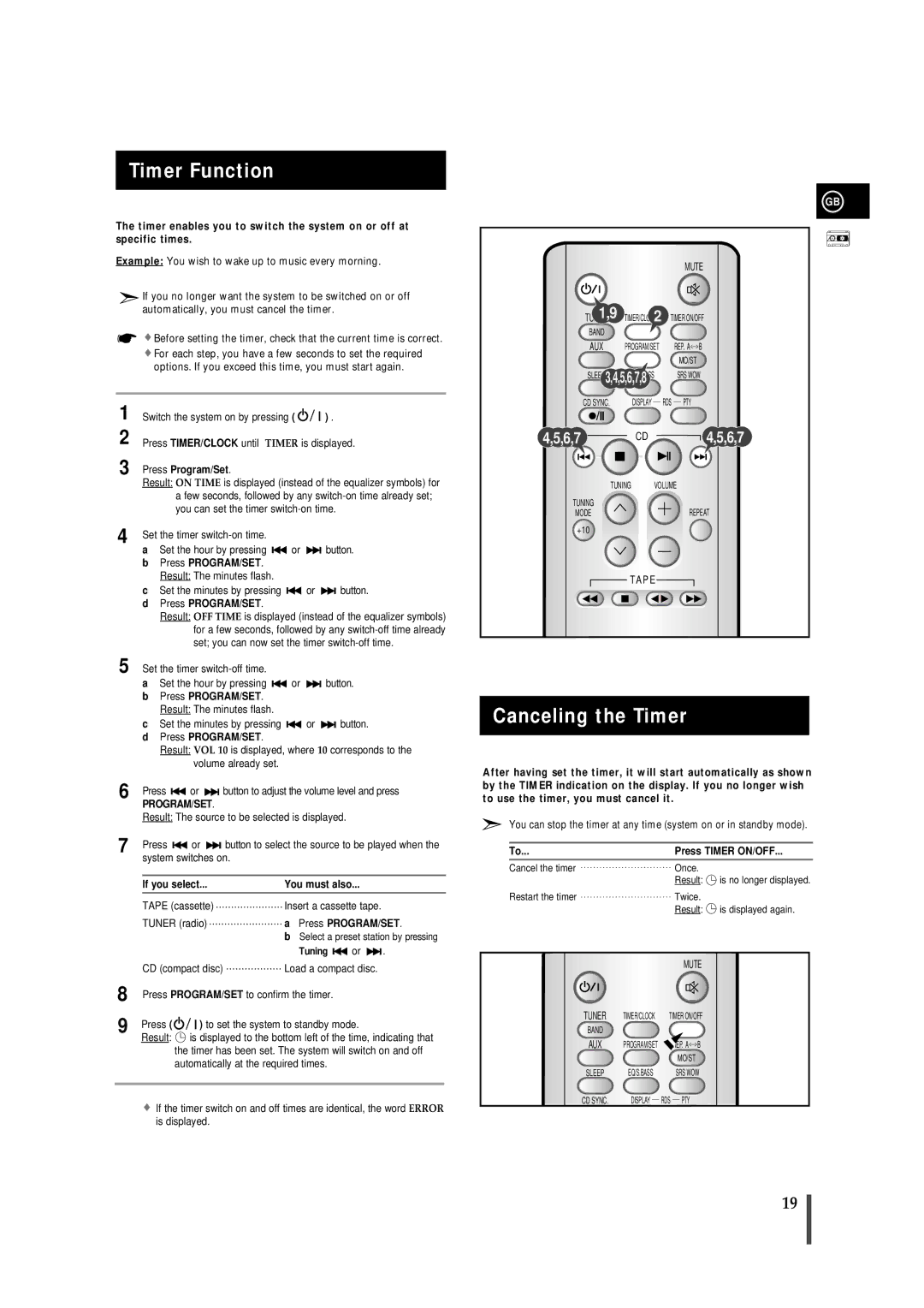 Samsung MMS8RH/ELS manual Timer Function, Canceling the Timer, If you select You must also, Press Timer ON/OFF 