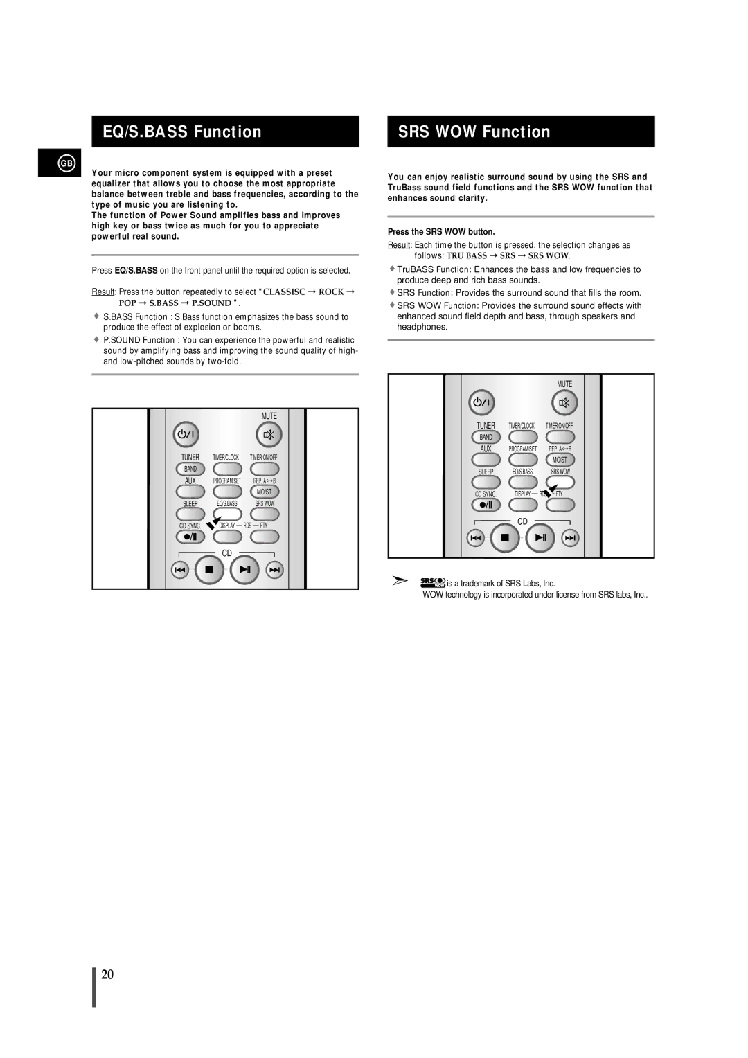 Samsung MMS8RH/ELS manual EQ/S.BASS Function, SRS WOW Function 