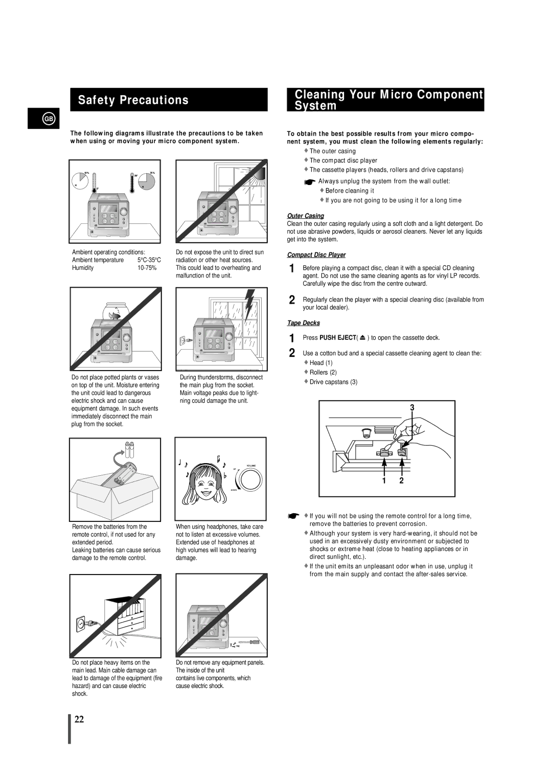 Samsung MMS8RH/ELS manual Safety Precautions Cleaning Your Micro Component System, Press Push Eject 