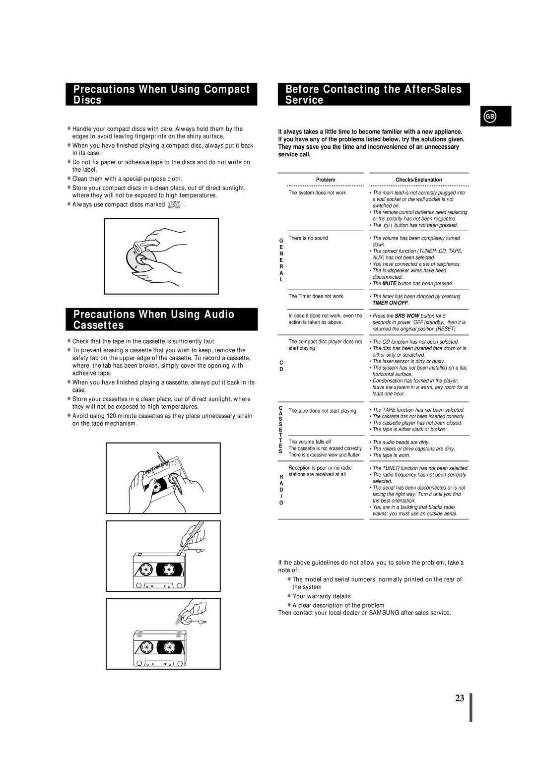 Samsung MMS8RH/ELS manual Precautions When Using Compact Discs, Before Contacting the After-Sales Service 